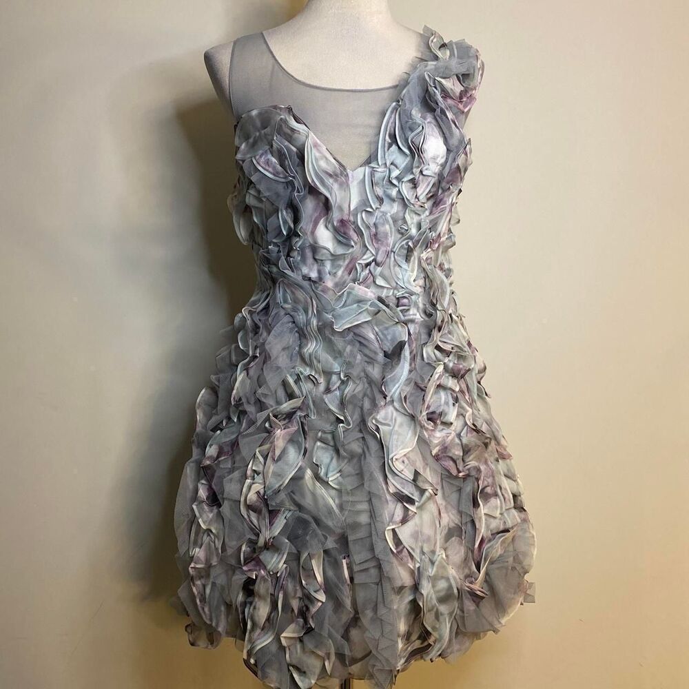 y2k advant garde grey and pastel purple asymmetrical ruffled organza tulle mini